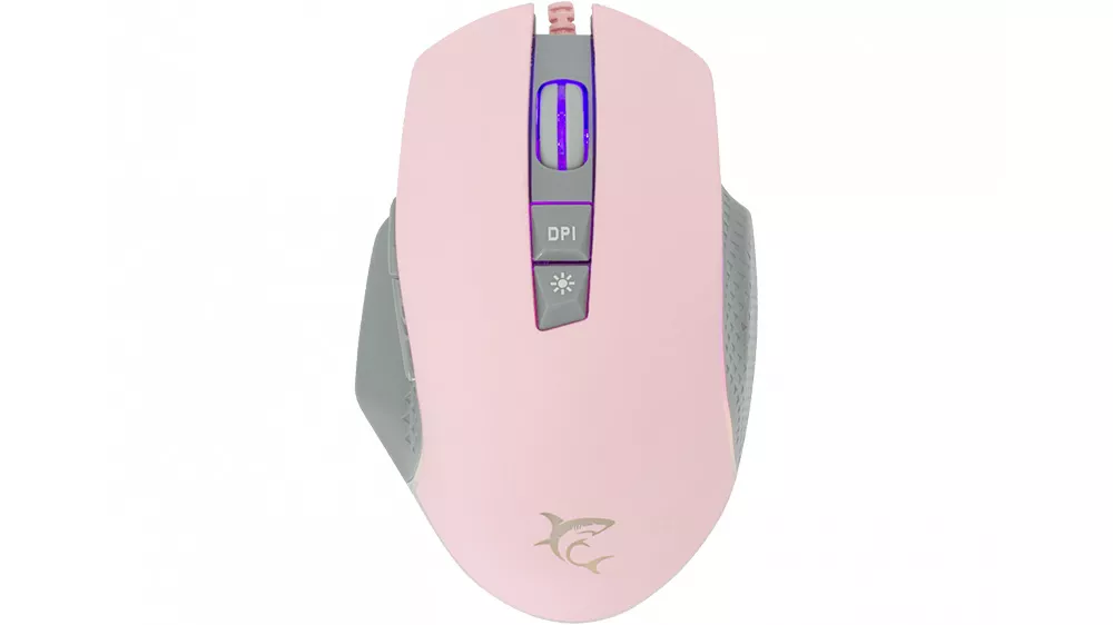 Myš White Shark Gareth GM-5009 pink zachytená pri presnom pohybe s viditeľným optickým senzorom a ergonomickým dizajnom